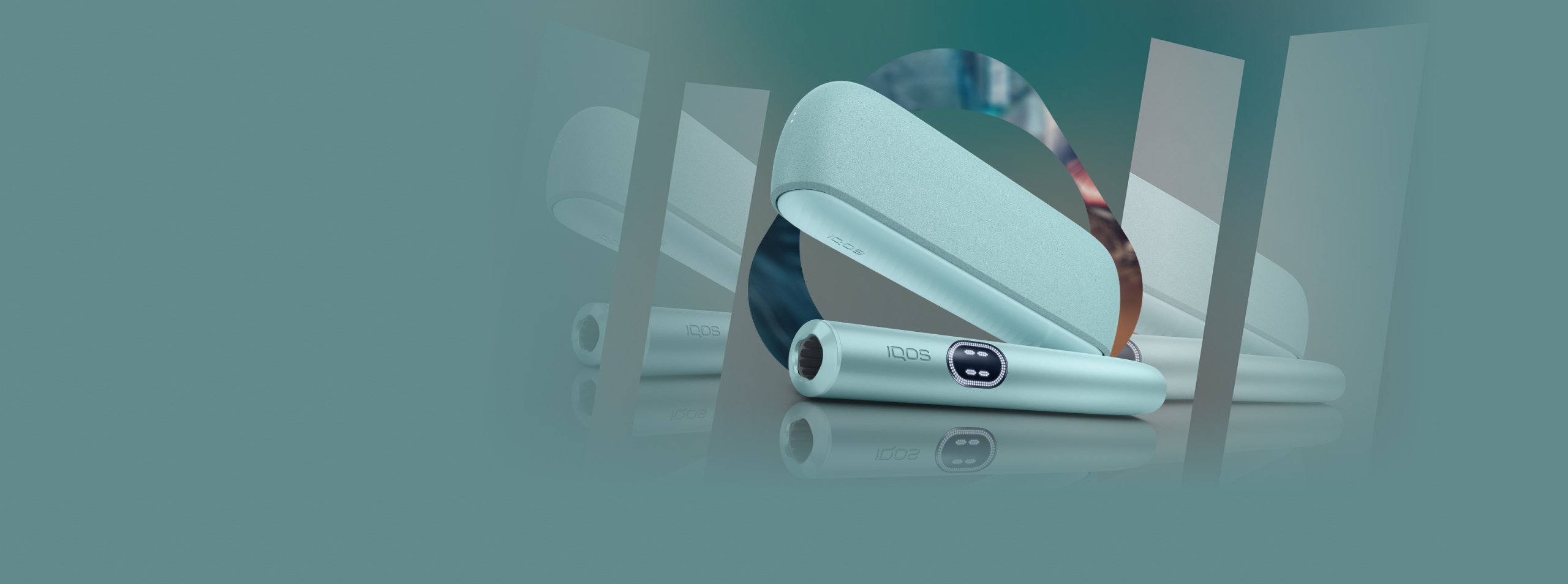 Dispositivo IQOS ILUMA i color breeze blue con holder,y IQOS ILUMA i ONE color midnight, sobre fondo con diseño circular y texto “Nuevo IQOS ILUMA i. Modo Pausa, Botón Táctil y mucho más”.